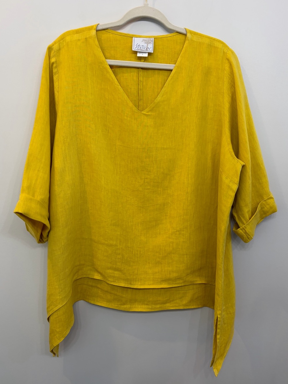 La Fixsun USA Womens Yellow Linen V Neck 3/4 Sleeve Double Layer Blouse Plus M